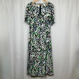 H&M Floral Midi Dress Large Puff Sleeve Slit Cottagecore Spring Bloomcore Multi